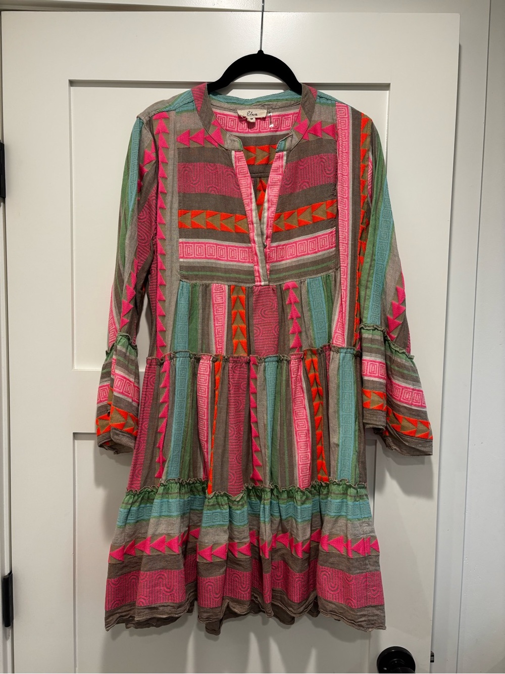 Elan Multicolor Tiered Mini Dress in Pink, Coral, Mint, and Beige